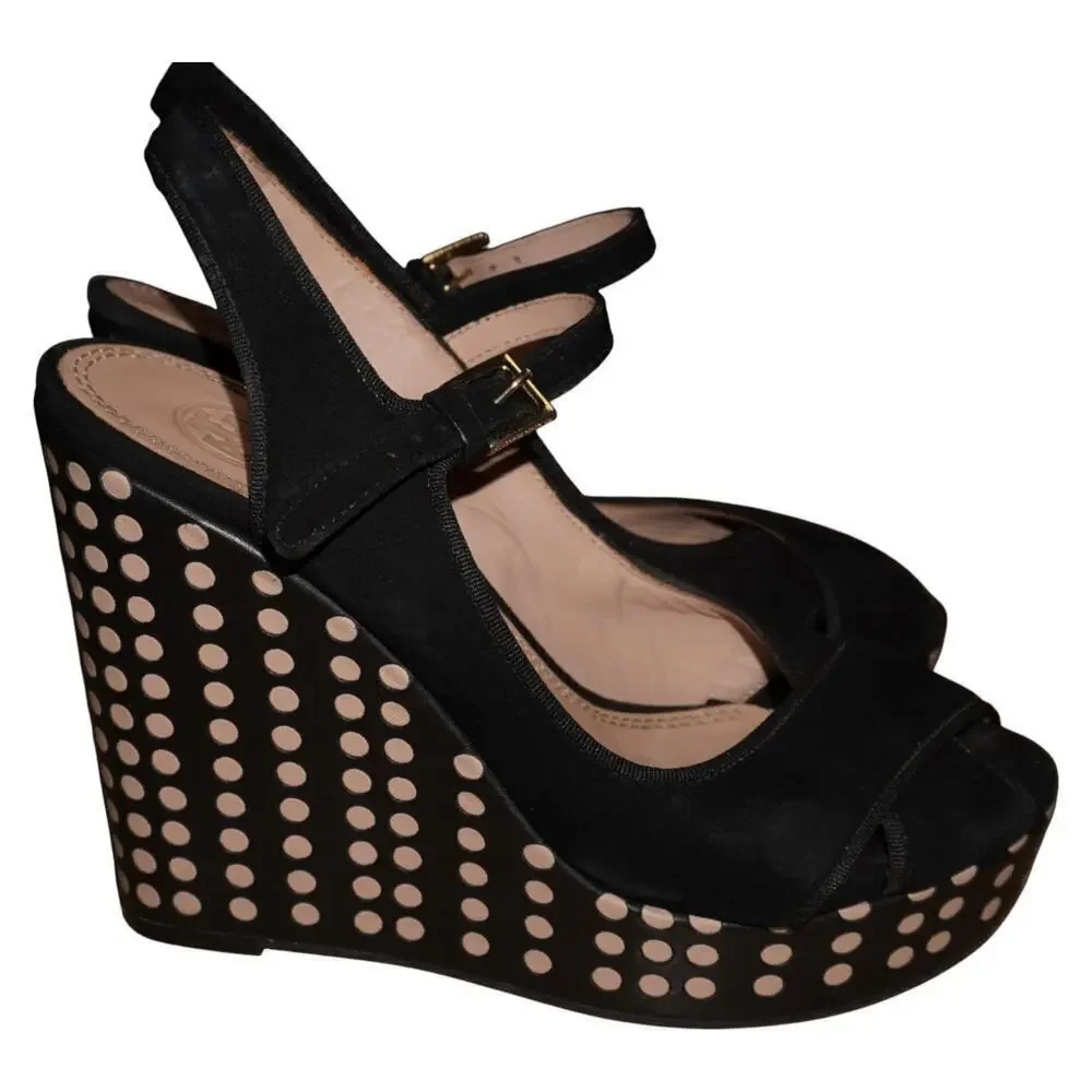 Tory Burch Ollie Black Suede Polka Dot Wedge Sandals Women’s 6.5M Made in Brazil